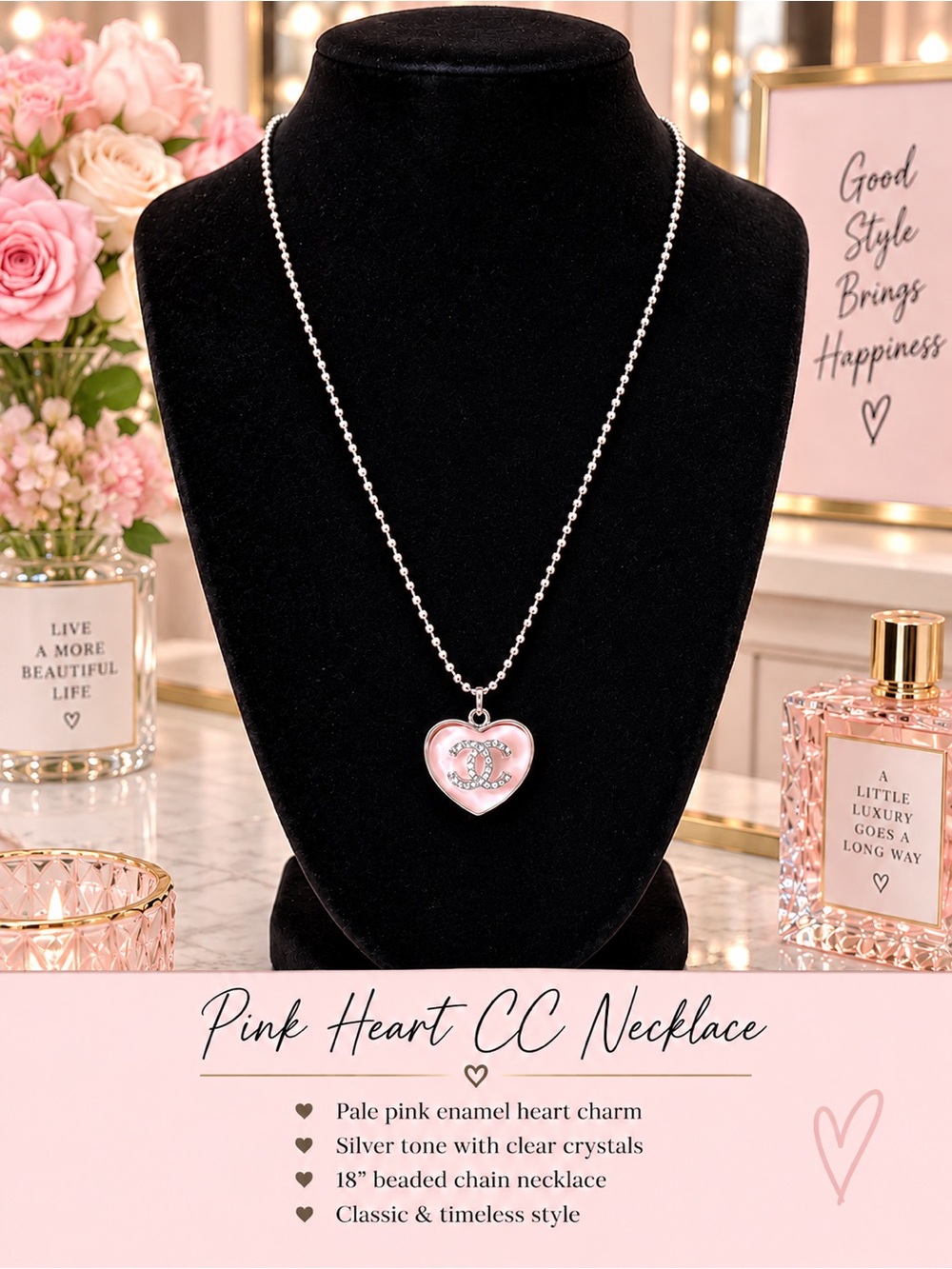 Pink & Silver Heart CC Necklace